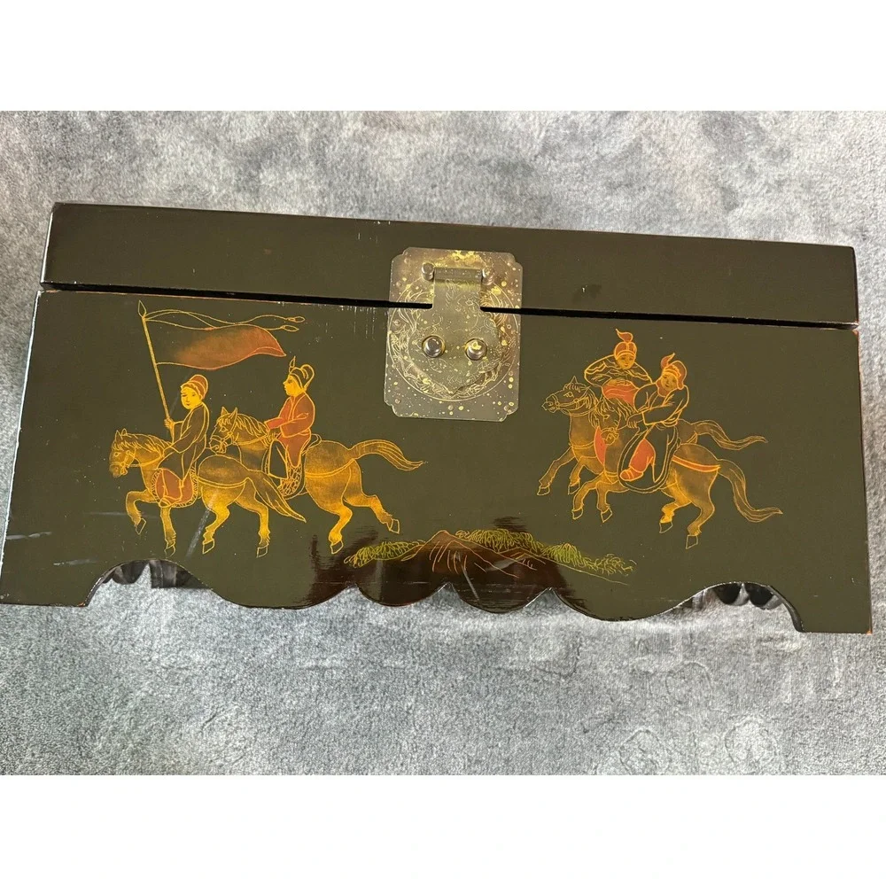 Vintage Chinese Lacquer Domed Trunk Black Gold Royal Procession Chest YC053A‎
